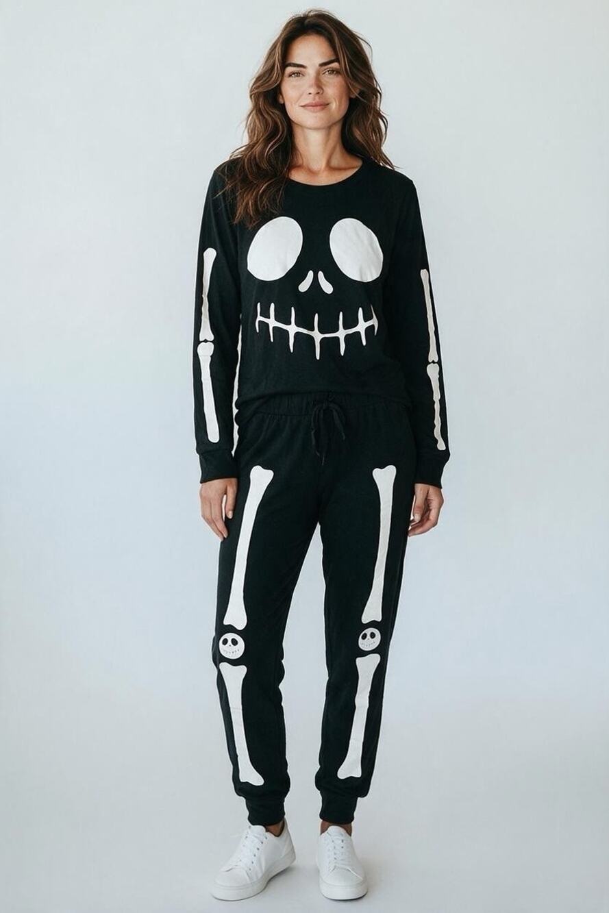 Snooze Button Skeleton Halloween Pajamas Set M Black/White Cotton Blend Stretch